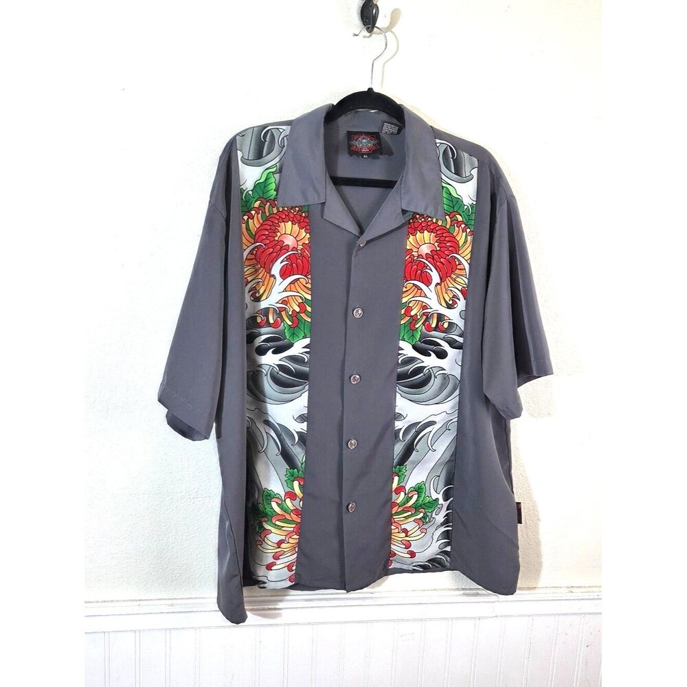Dragonfly Roadhouse Bowling Shirt Mens XL Y2K Tattoo Koi Wave Camp Button Up
